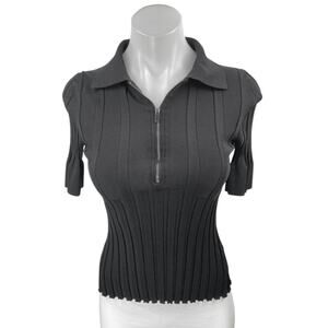 Veronika Maine Black Ribbed Knit Short Sleeve Quarter Zip Polo Sweater Top Sz S
